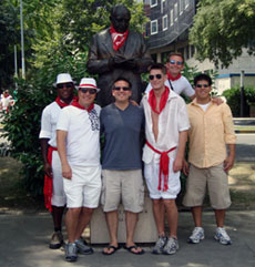 From left, Michael Banks '04, Juan Espinoza '04, Alex Espinoza, Jared Irish '04, Chris Bonner '04, and Andrew Espinoza, ready to run with the bulls in Spain. 