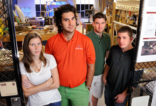 From left, mathematics major Chelsea Holloman, aerospace engineering major Victor Zamora, mechanical engineering major Chris Brouse, and aerospace engineering major Donald Roberson of Virginia Tech's Design Build Fly Team.