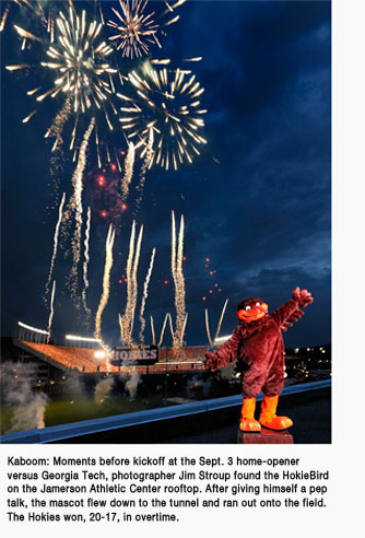 The HokieBird moments before kickoff at the Sept. 3 home-opener versus Georgia Tech. Photo by Jim Stroup.