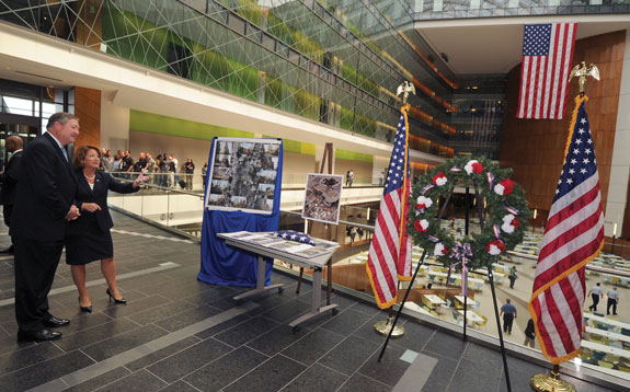 Letitia Long '82, director of the National Geospatial-Intelligence Agency (NGA), gives the secretary of the U.S. Air Force a tour of NGA's new headquarters in Springfield, Va. Photo courtesy of Tony Boone, NGA.