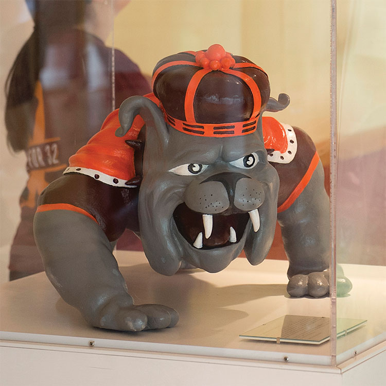 sculpture of James Madison University's mascot, Duke Dog, wearing Hokie colors