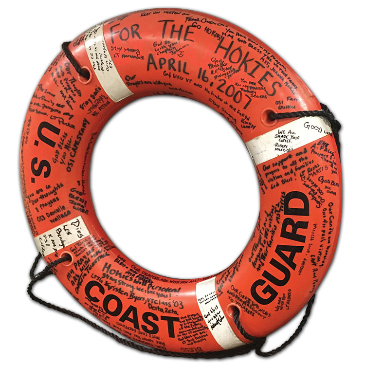 a signed life preserver sent by U.S. Coast Guard members in San Juan, Puerto Rico