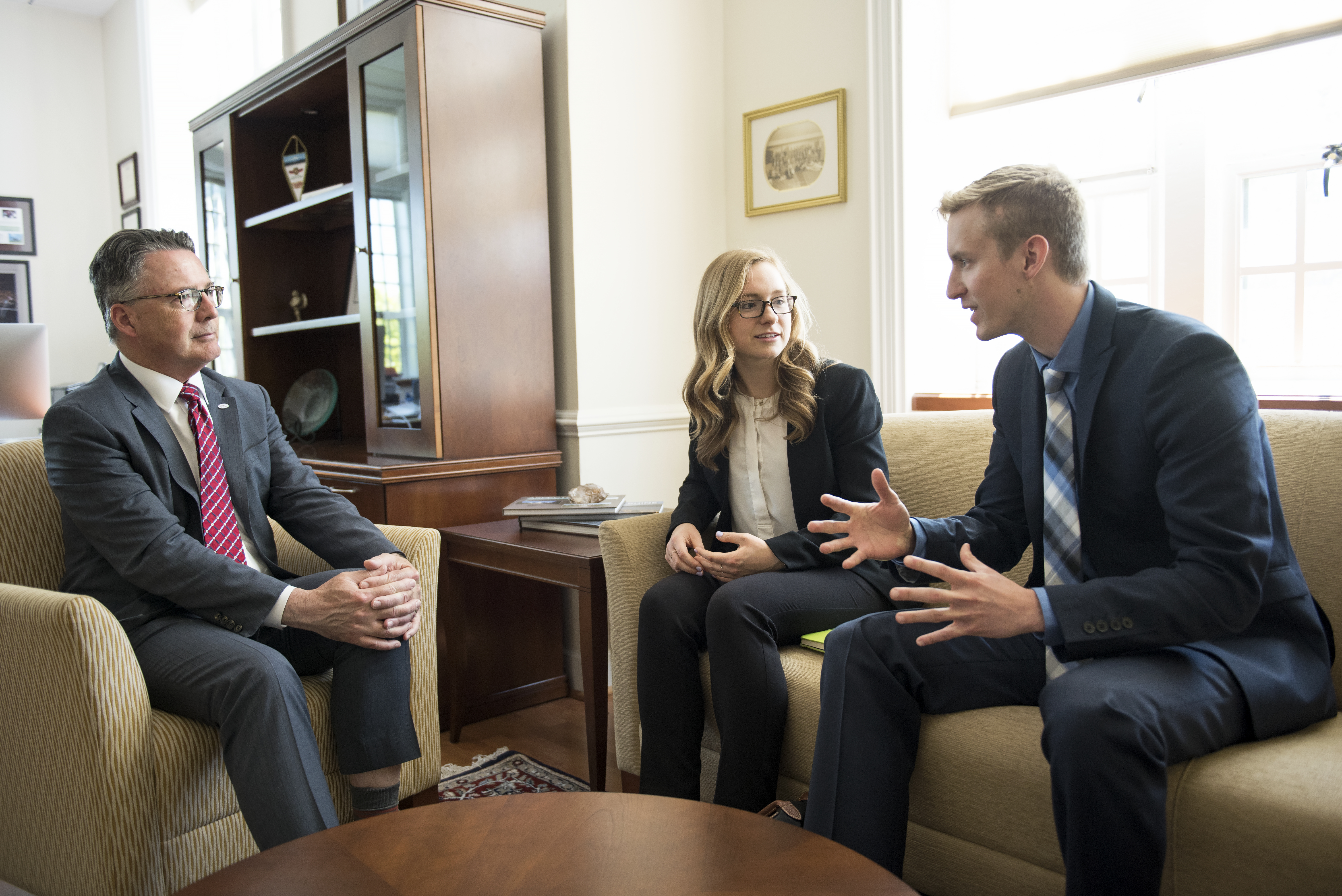 Student-focused: Virginia Tech President Tim Sands joins students following the State of the University address held in September.