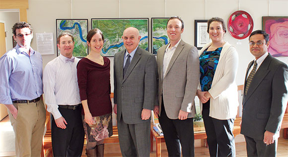 Provost Mark McNamee (center) with Zach Easton, Luke Juran, Kelly Cobourn, Ryan Stewart, Meredith Steele, and Venkat Sridhar.