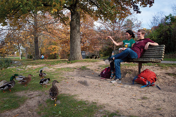 Seniors Mahtaab Bagherzadeh and Ryan Schmitt at the Duck Pond