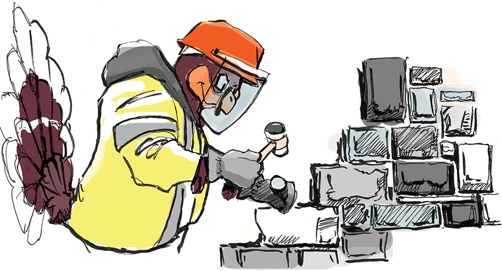 illustration: HokieBird working with Hokie Stone